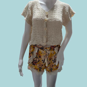 Boho Crochet Knit Set 100% Cotton Cardigan & Yellow Floral Shorts Bundle M